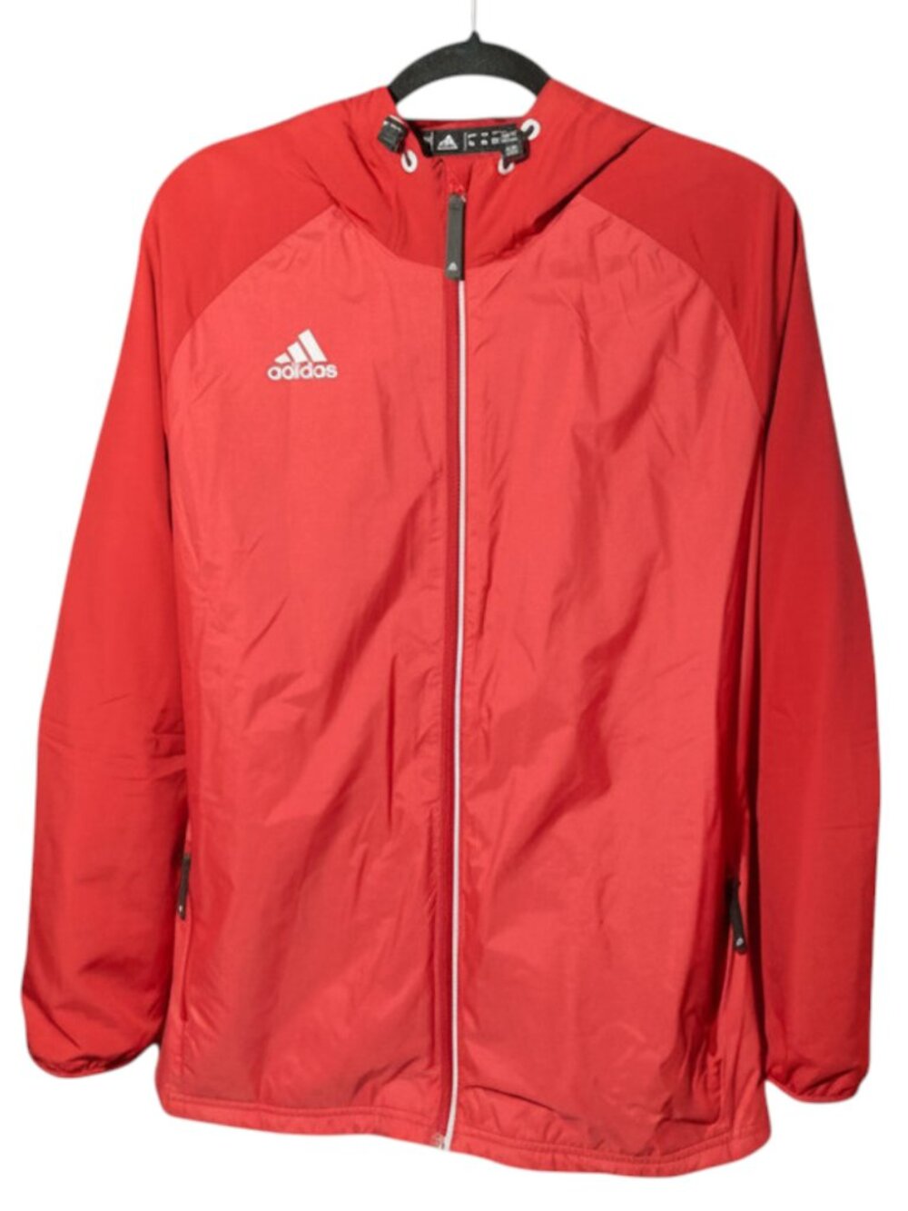 Adidas Red Logo Windbreaker Women's XL Hooded Full Zip lined zip pockets